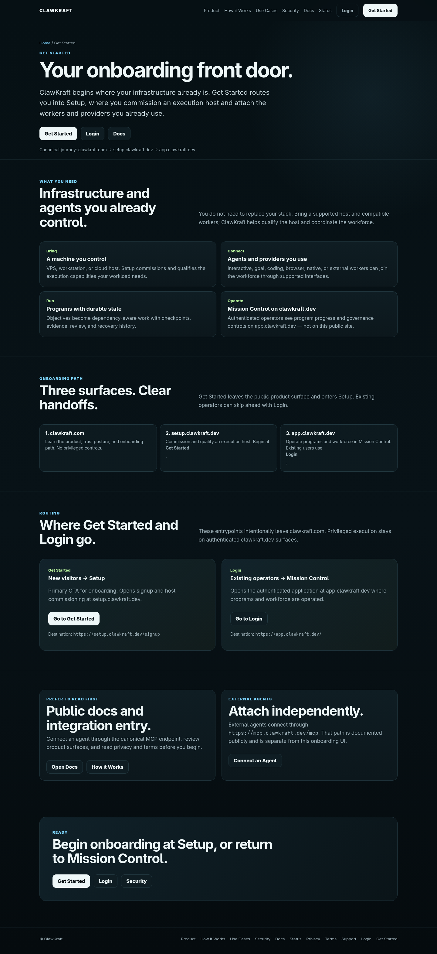 ClawKraft onboarding path showing how a customer gets started